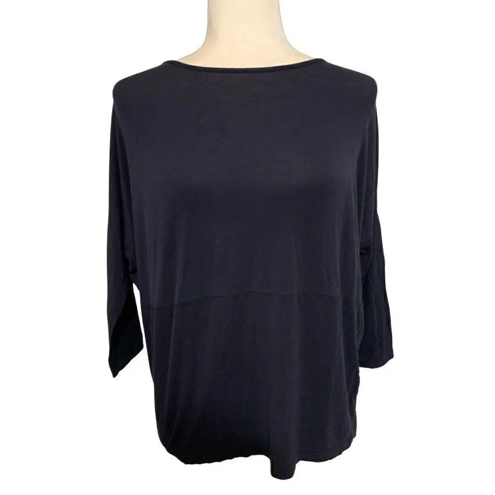 zara womens WB solid navy blue Crew Neck 3/4 sleeve top t shirt small